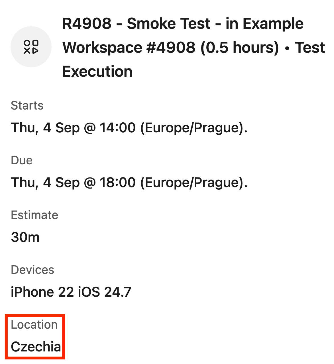 An invitation to complete a smoke test with a location of Czechia.