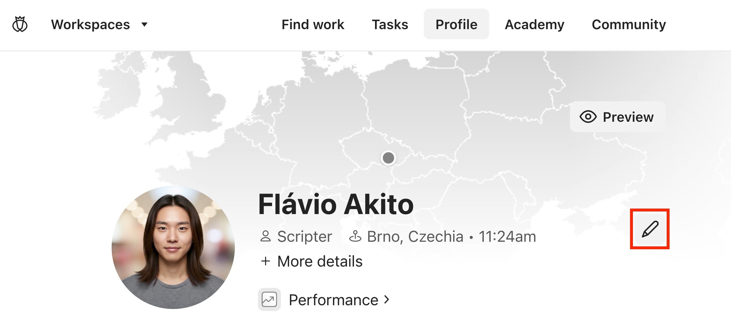 The Edit profile button on the profile for Flavio Akito.