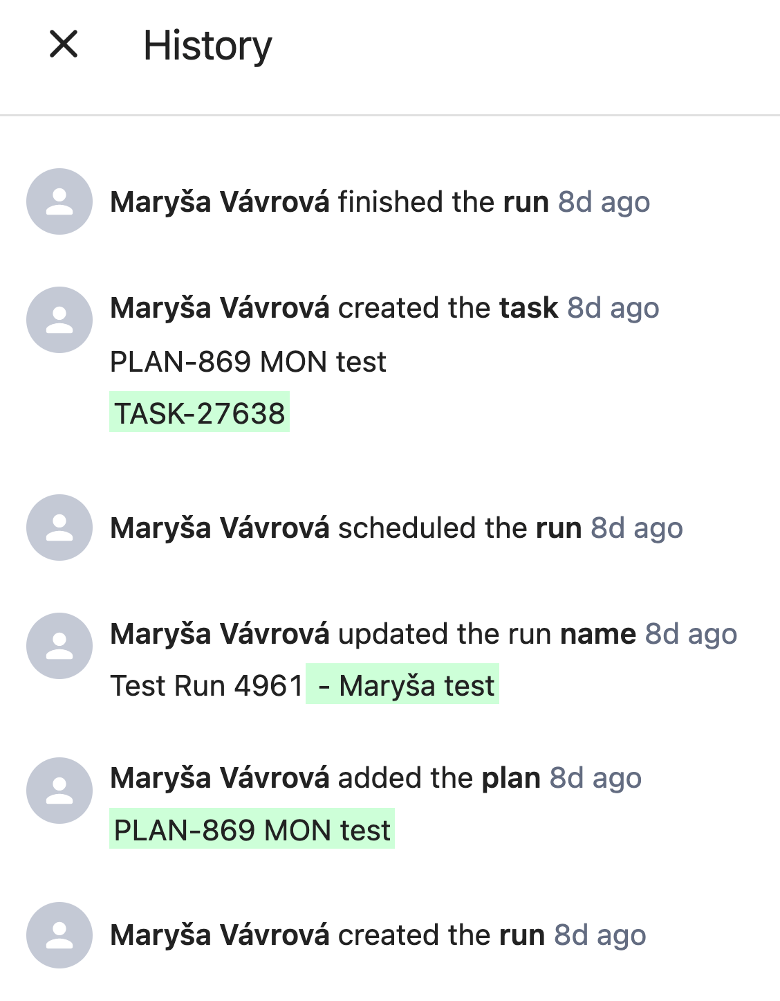 A series of actions under the heading 'History', including creating the run, scheduling the run, creating a task, and finishing the run.