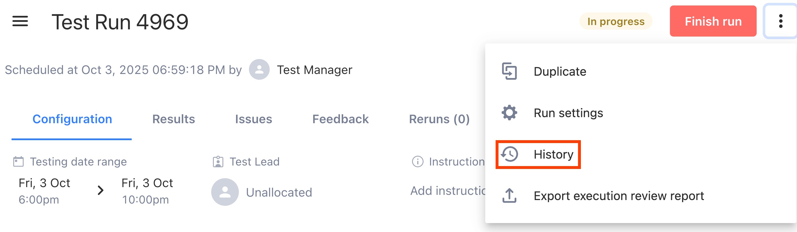 The history of a test run in the Testlio platform.