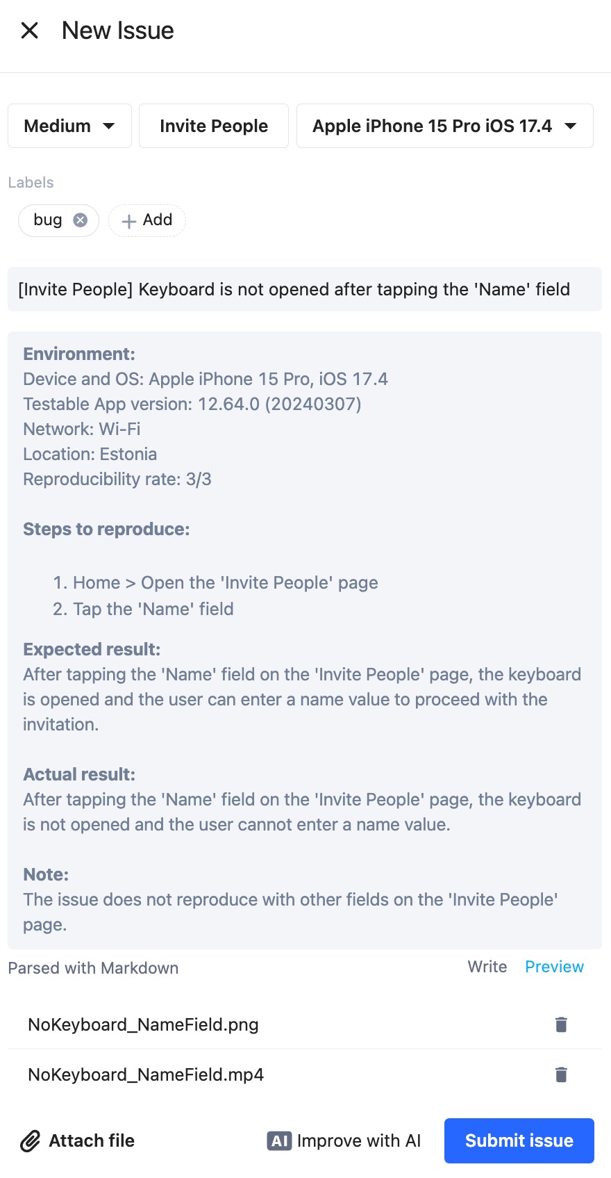 A screenshot of an issue being created. The title is "[Invite People] Keyboard is not opened after tapping the 'Name' field. All the other sections are completed and there are two attachments, one an image and the other a .mp4 video file.