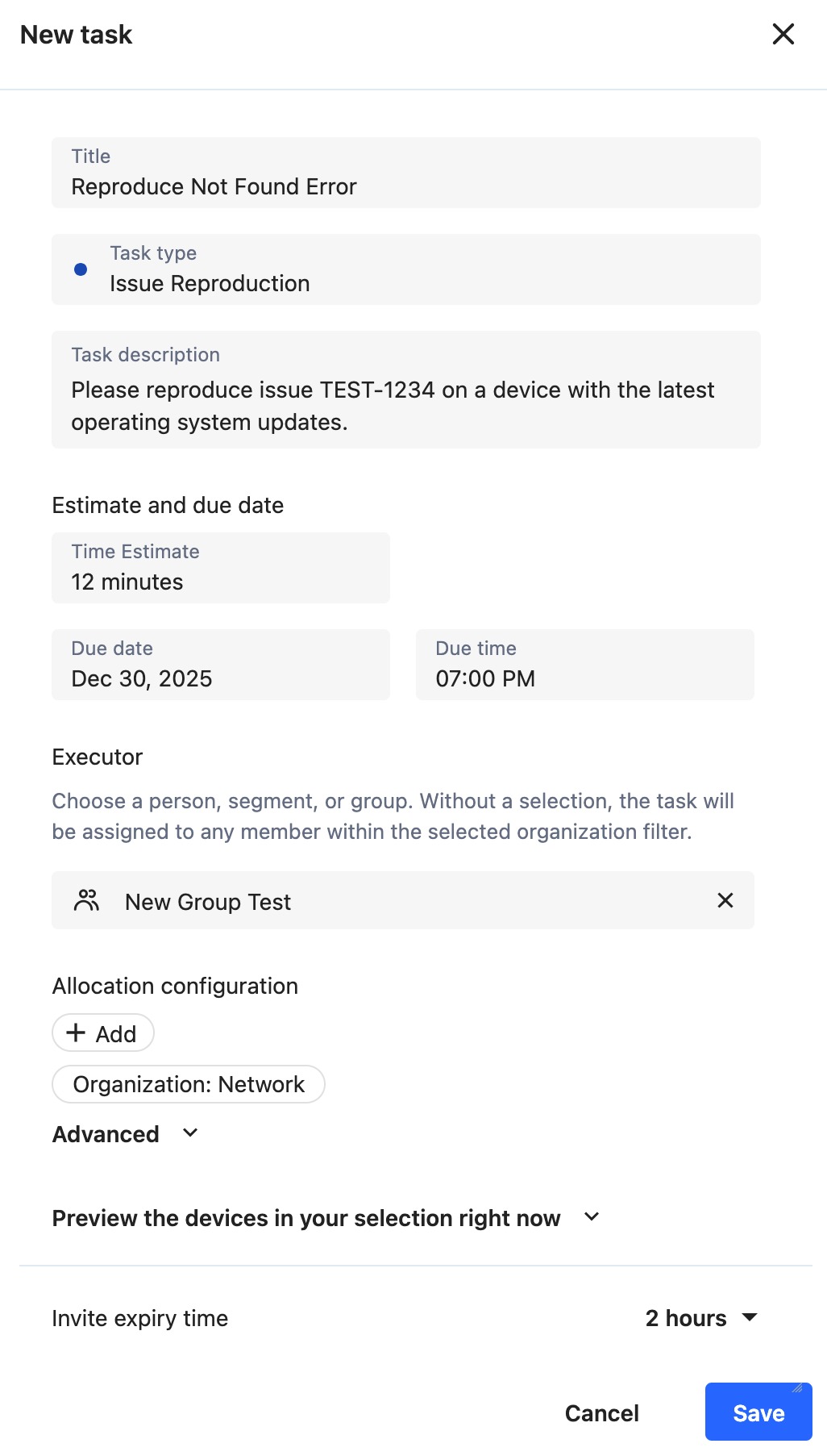 A screenshot of completed task fields in the Testlio platform.