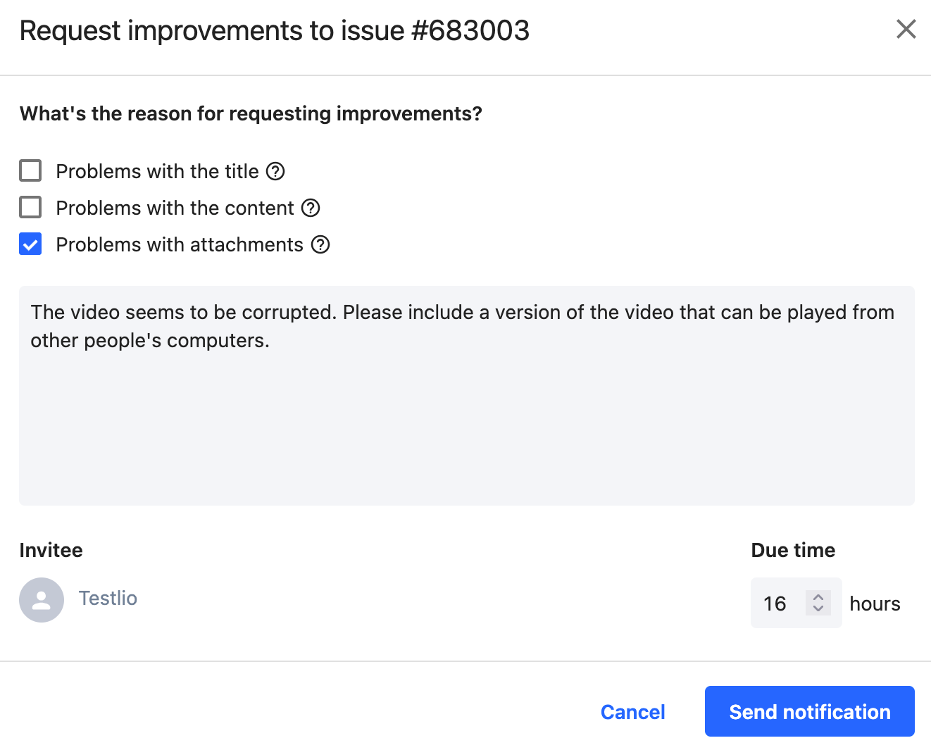 A screenshot of a completed request for improvement in the Testlio platform.