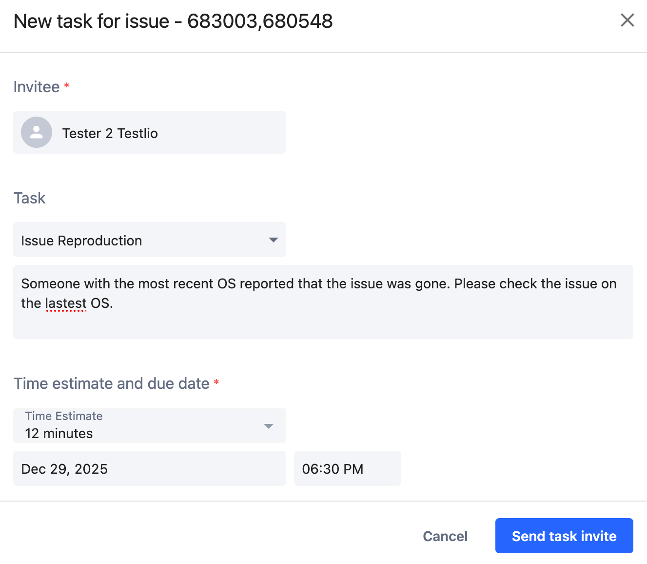 A screenshot of completed issue reproduction task fields in the Testlio platform.