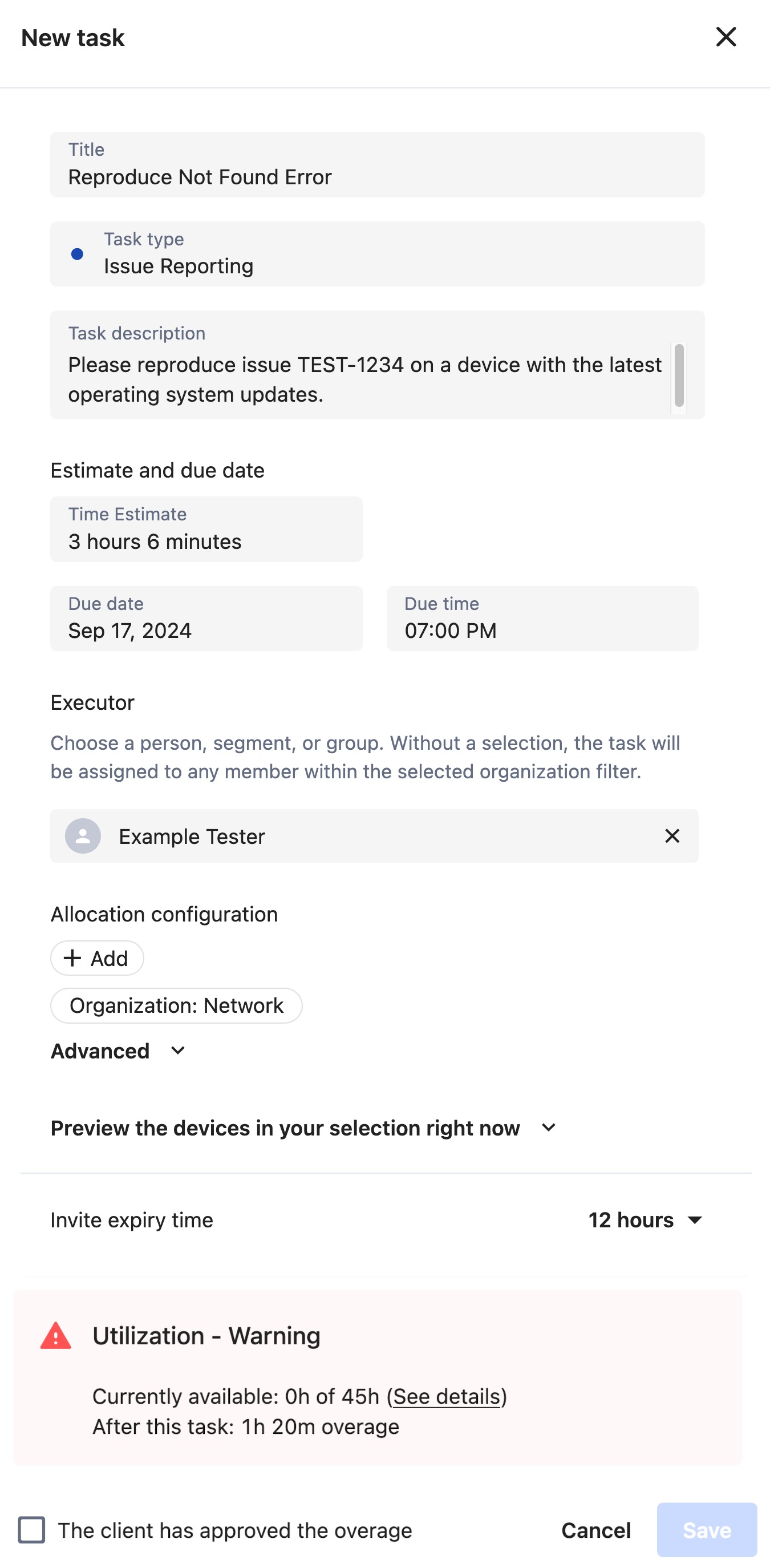 A screenshot of completed task fields in the Testlio platform with a utilization warning that there are no hours left and the button to save the task disabled.
