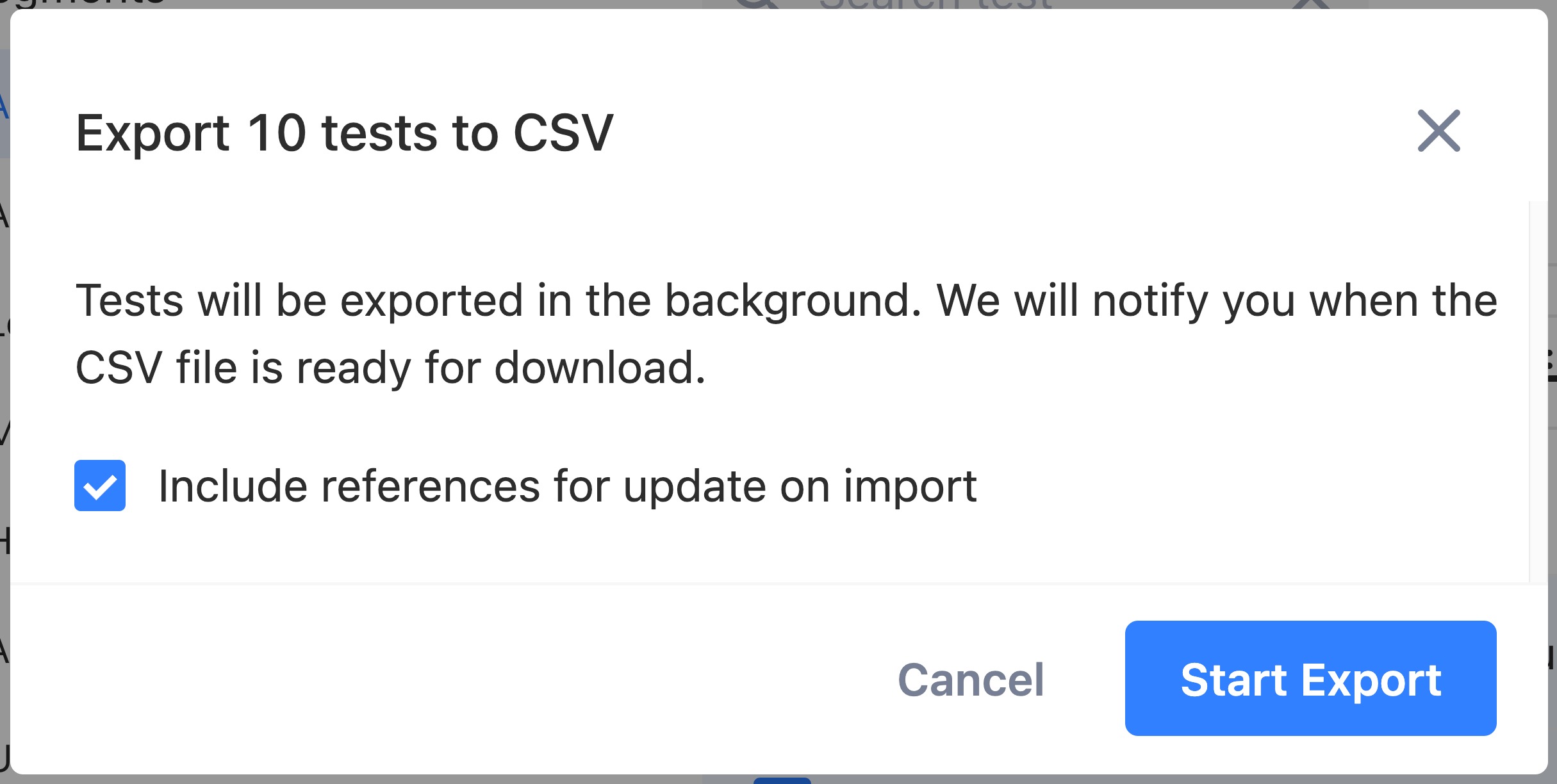 A dialog to export 10 tests to CSV with the option 'Include references for update on import' selected and the options 'Cancel' and 'Start Export'.