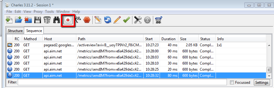 Calls displayed within Charles Proxy with the button to start/stop recording highlighted.