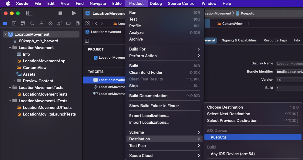 To set the destination, in Xcode select Product > Destination > Device name.