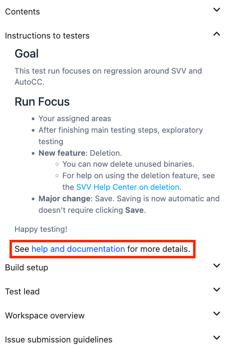 The link to help and documentation at the end of Instructions to testers while executing a run.