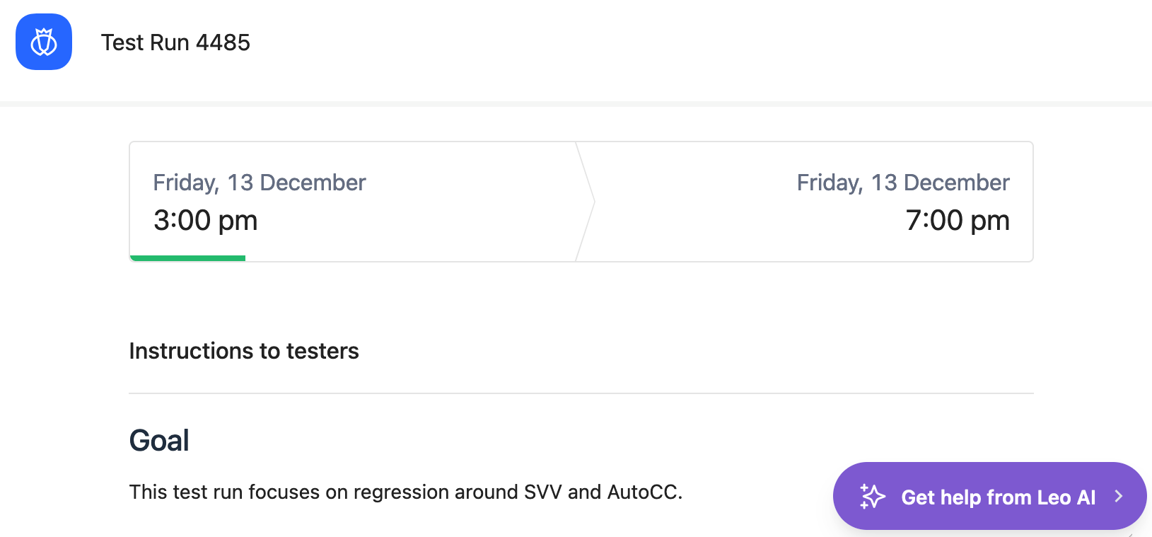 The button to get help from Leo in the Testlio platform.