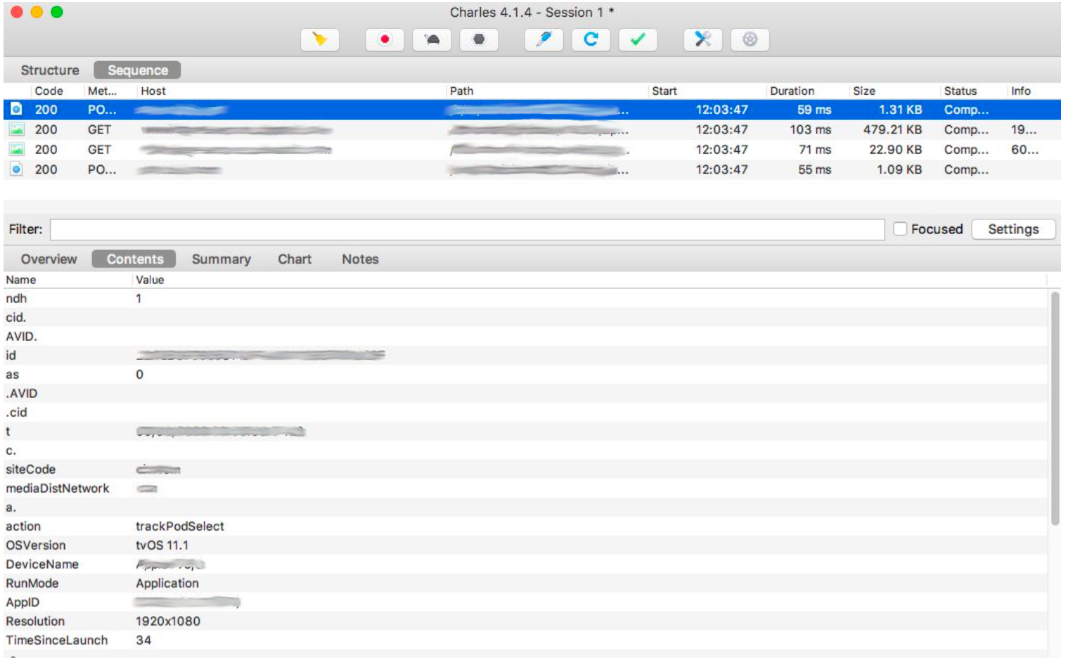 Example calls seen within Charles Proxy, with the contents of one call shown.