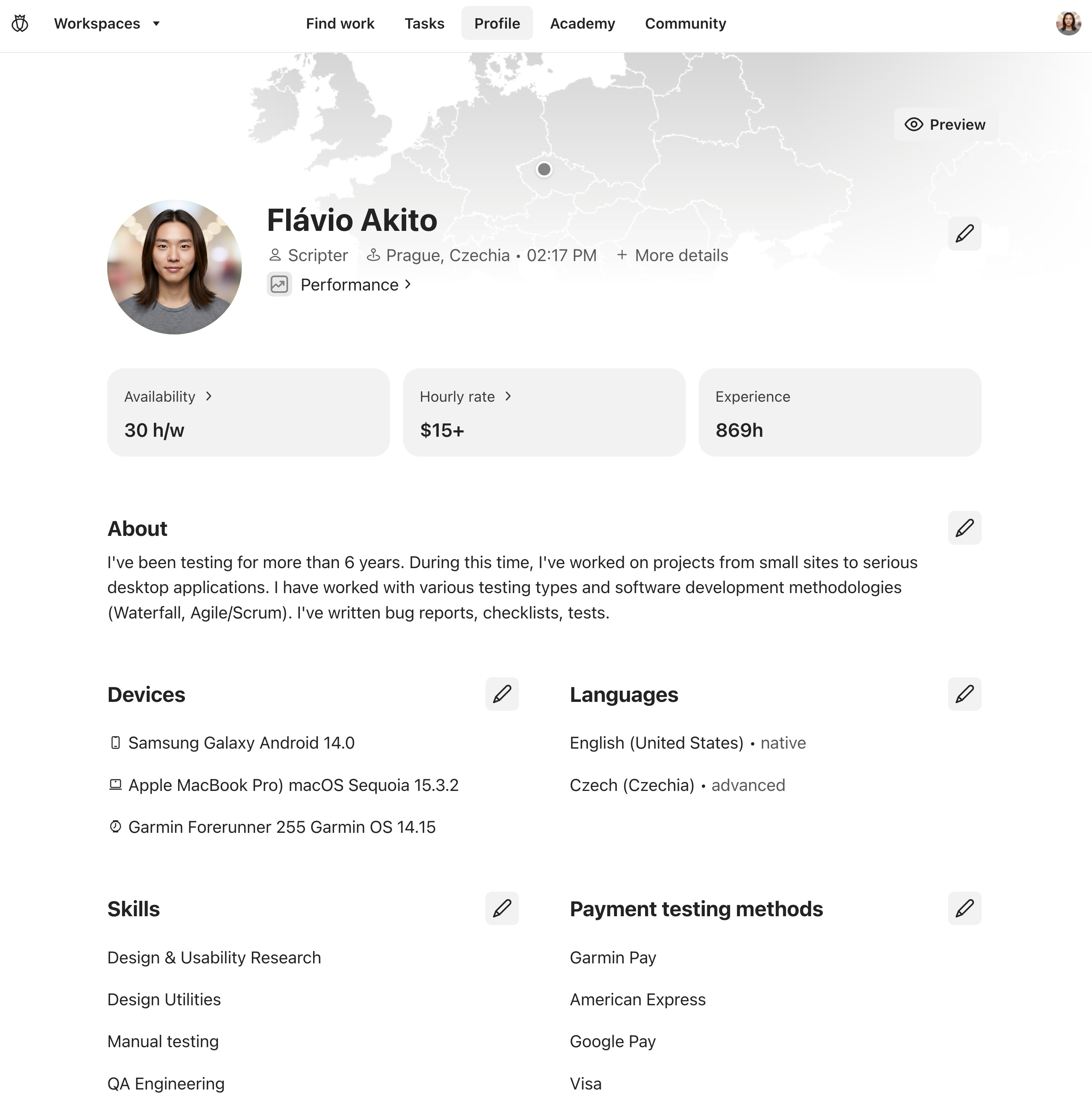 An example profile of a freelancer named Flávio Akito.