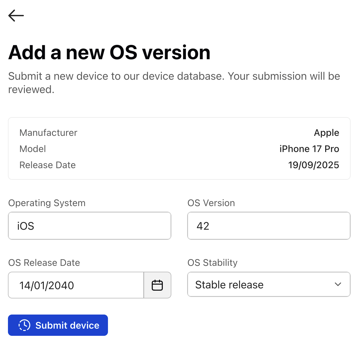 A dialog to add a new OS version with details about the model uneditable and details such as the operating system, OS version, and OS release date filled in and a button to submit device.
