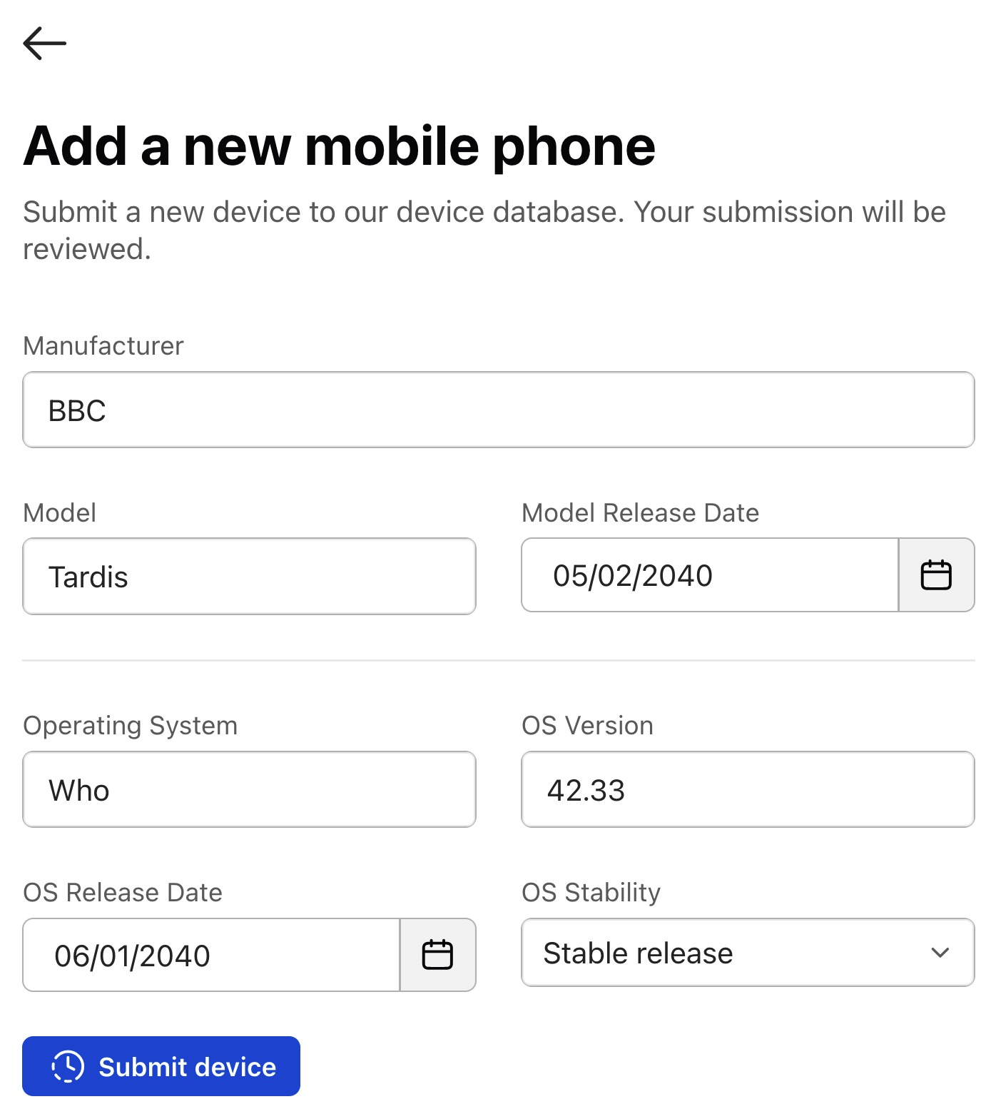 A dialog to add a new mobile phone with details such as manufacturer, model, and operating system filled in and a button to submit device.