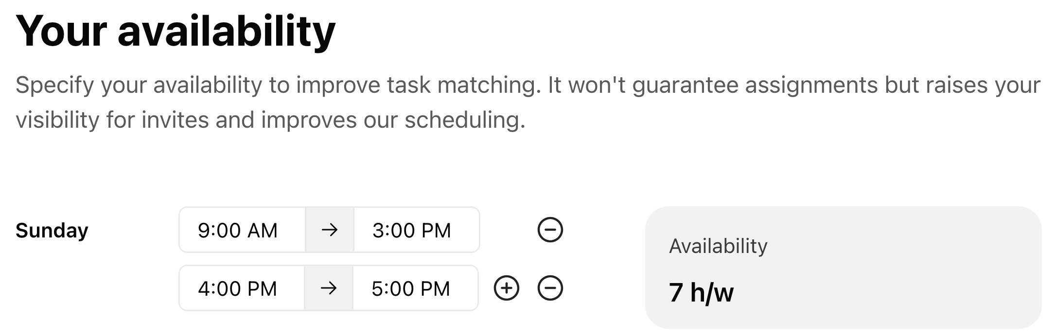 The "Your availability" section with two slots added to Sunday and the Availability set to "7 h/w".