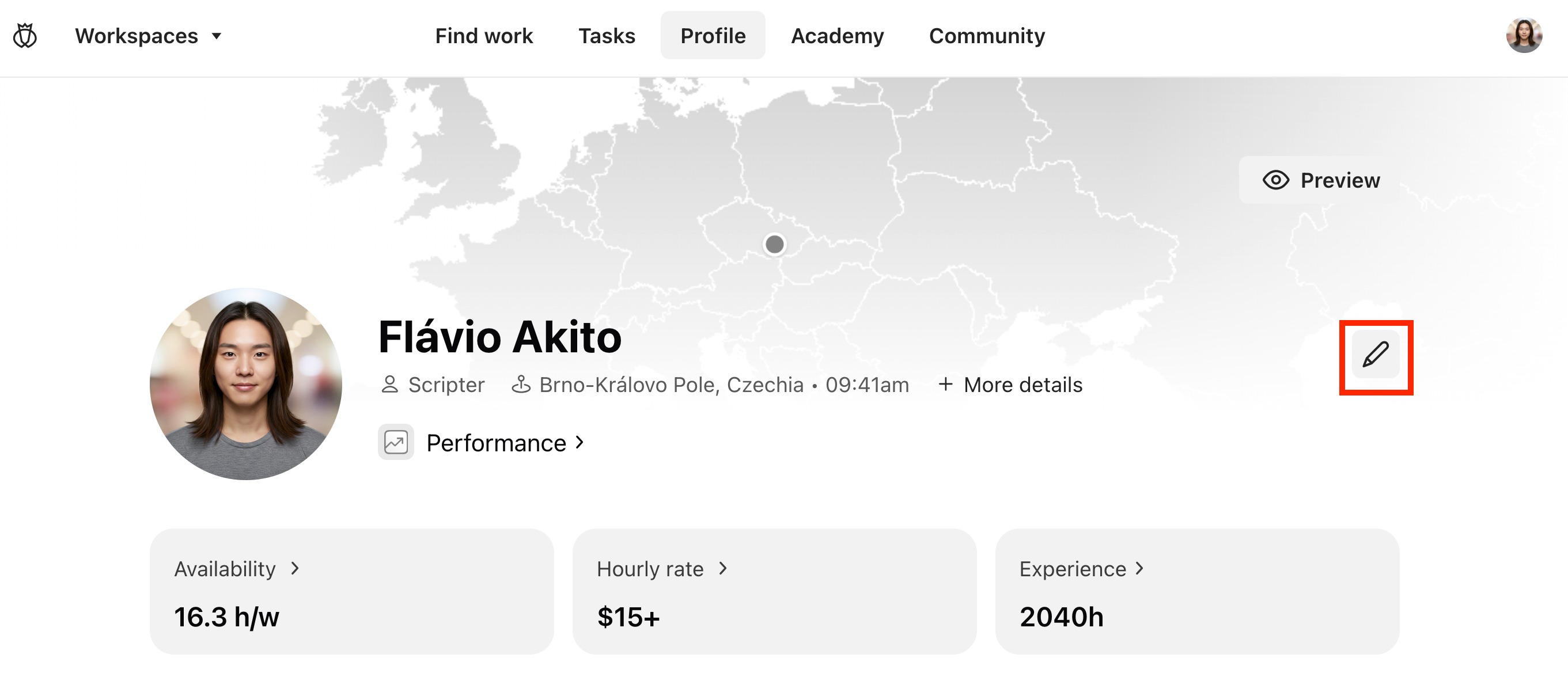 The link to 'Edit profile' on a profile in the Testlio platform.