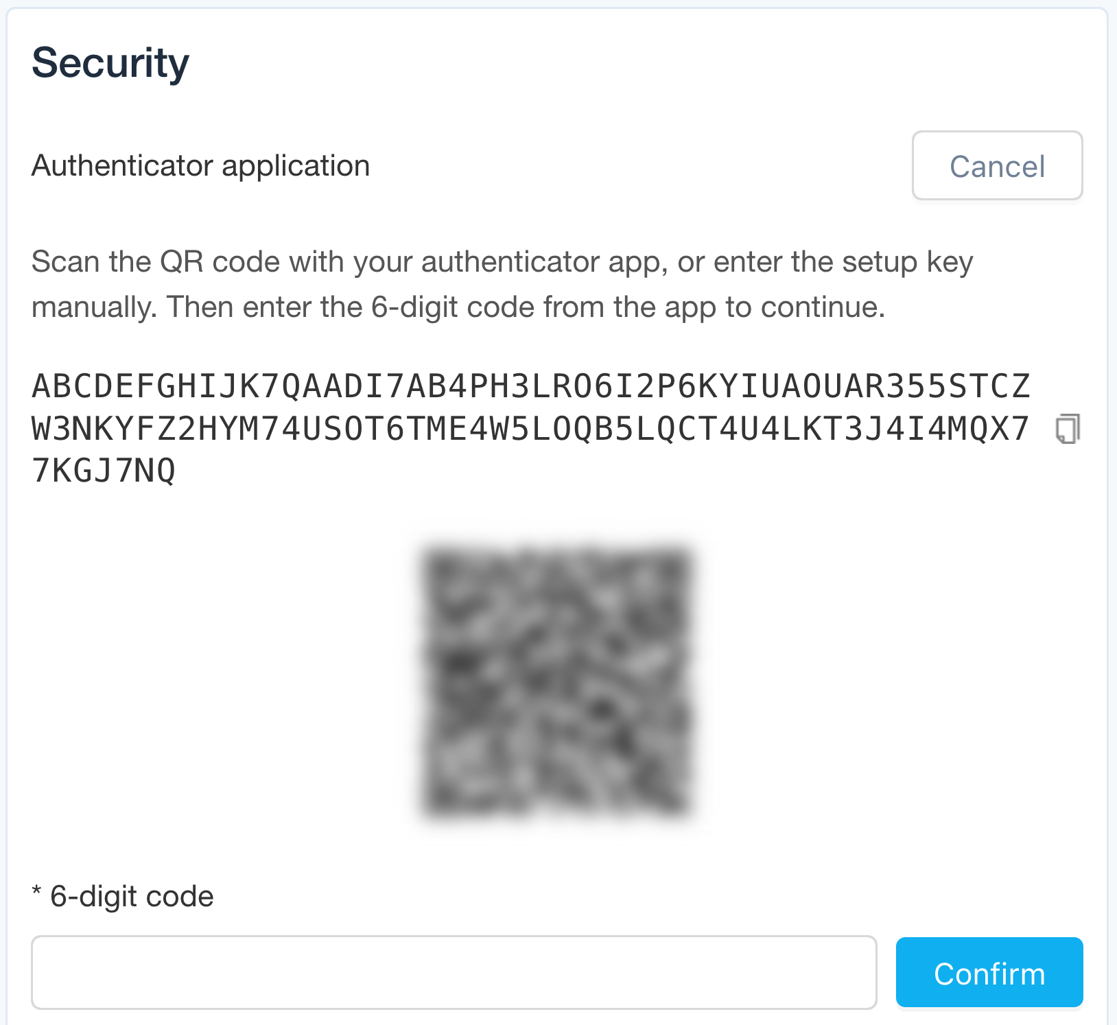 The Security section with a long code to enter manual or a (blurred) QR code to scan and a field for entering the 6-digit code and a button to Confirm.