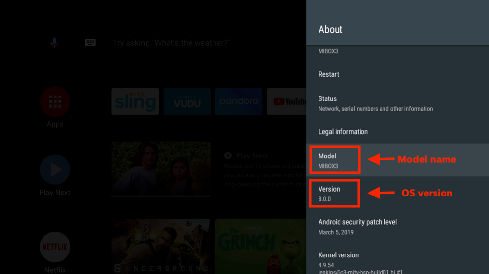An About screen for an Android TV with the Model and Version highlighted.