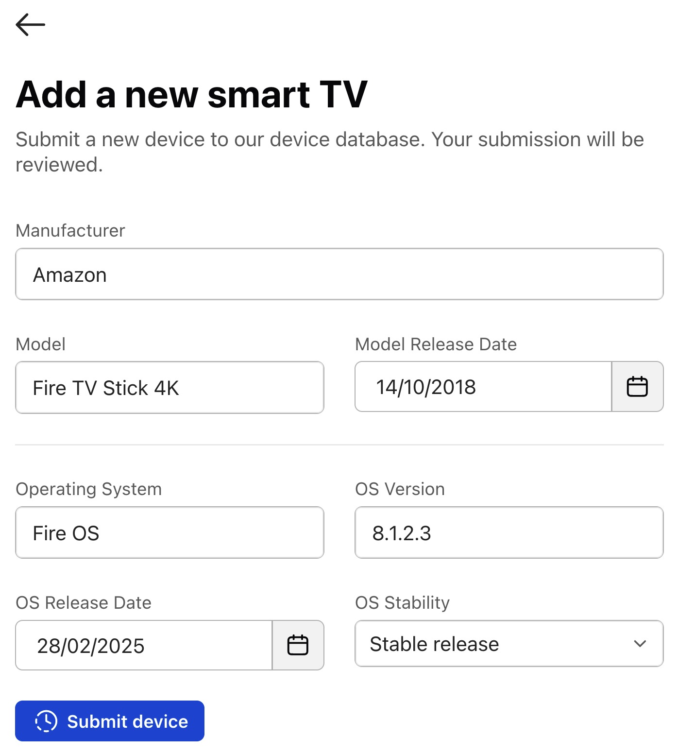 A form to add a new smart TV with the details filled in as in the examples and a button to submit device.