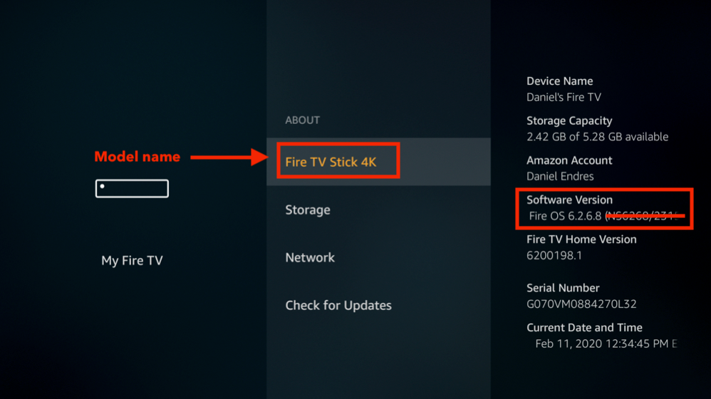 The information for a Fire TV Stick 4K with the model name and software version highlighted.