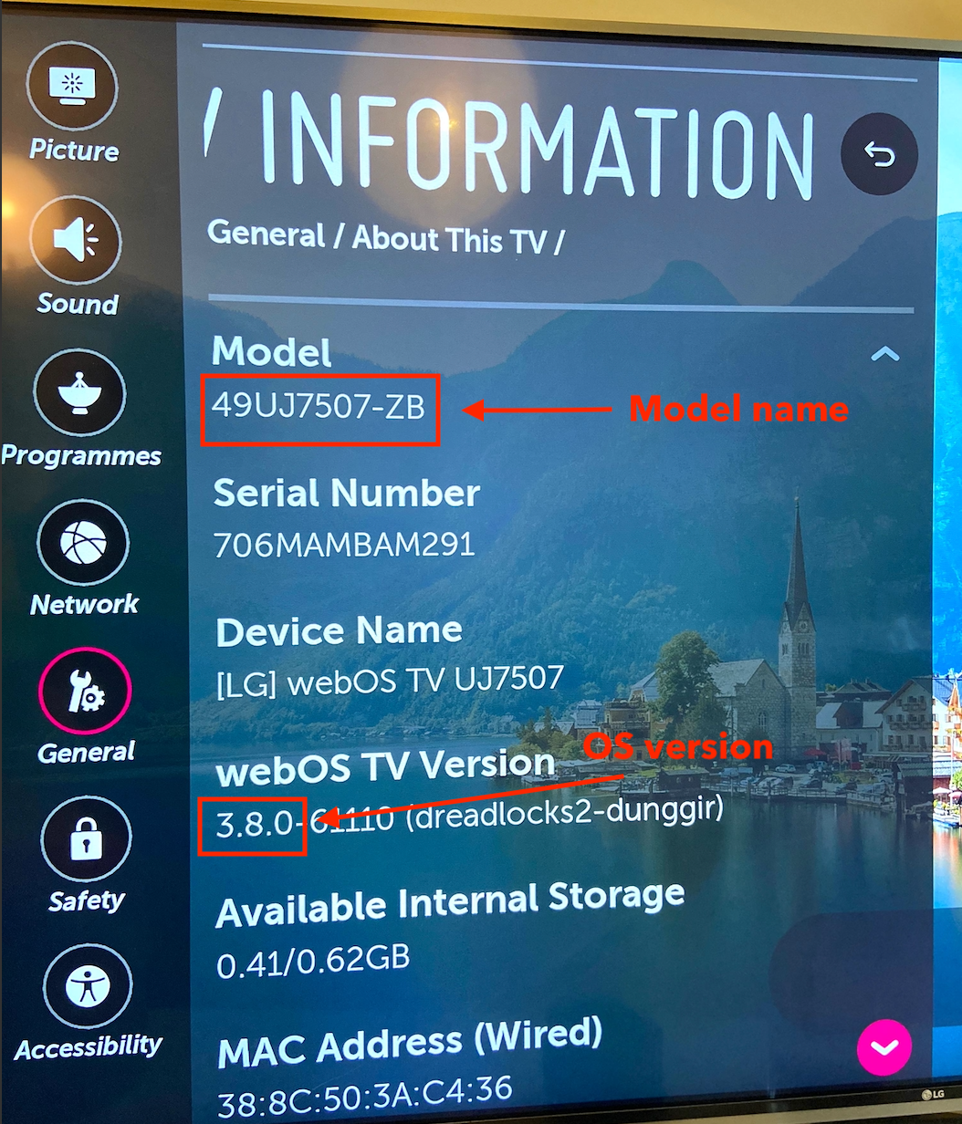 An About screen for an LG Smart TV with the Model and webOS TV Version highlighted.