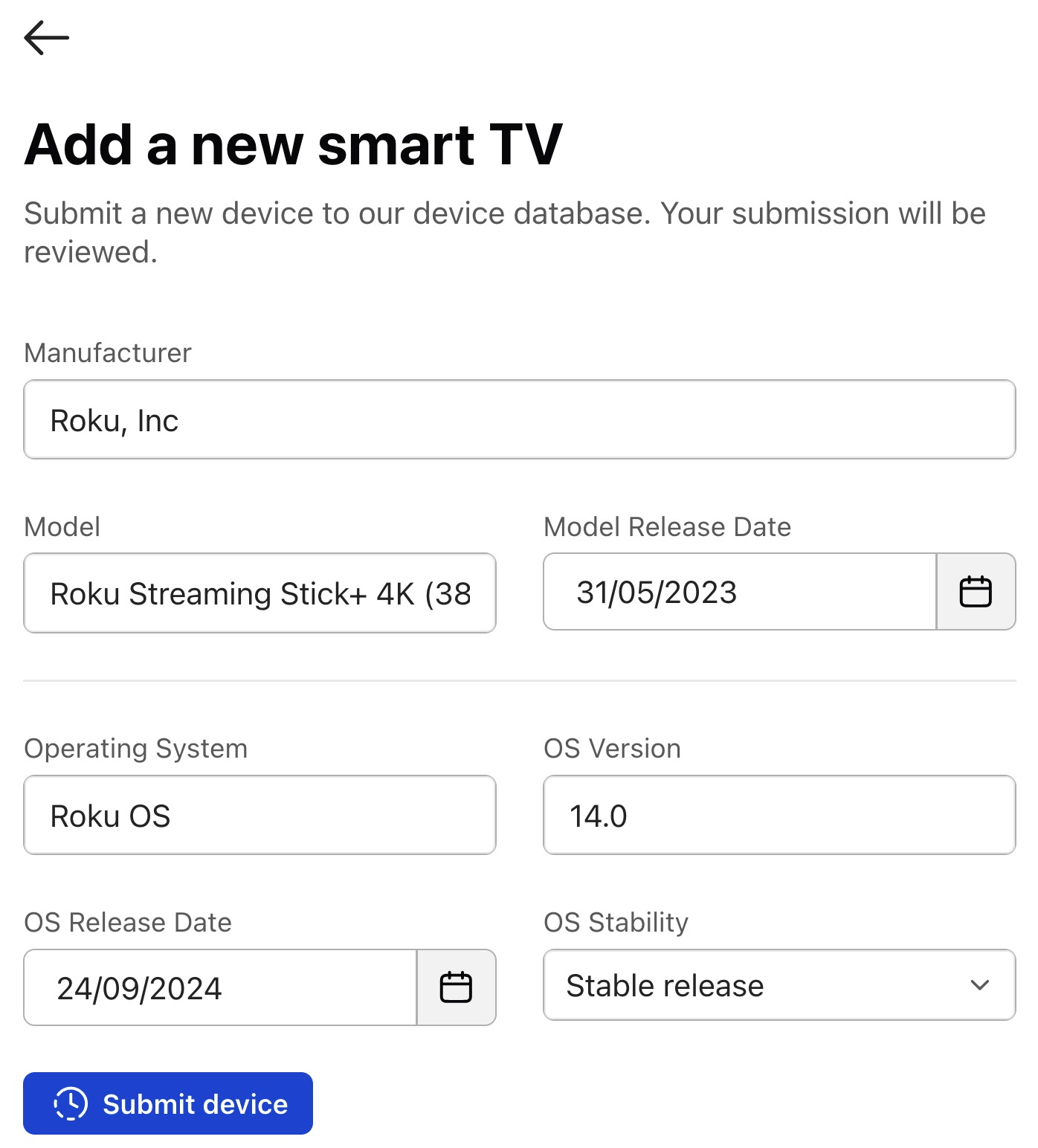 A form to add a new smart TV with the details filled in as in the examples and a button to submit device.