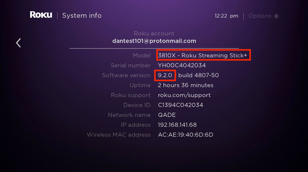 A System info screen for a Roku TV with the Model and Softwar version highlighted.