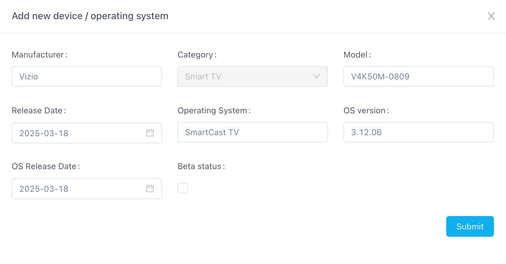 A form to add a new device/operating system with the details filled in as in the examples.