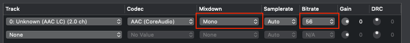 The mixdown and bitrate set in Handbrake.
