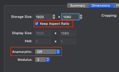 Dimensions set to 1920 × 1080 with Keep Aspect Ratio checked and Anamorphic set to Off.