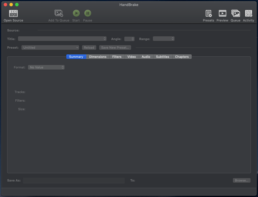 The entry screen for Handbrake.