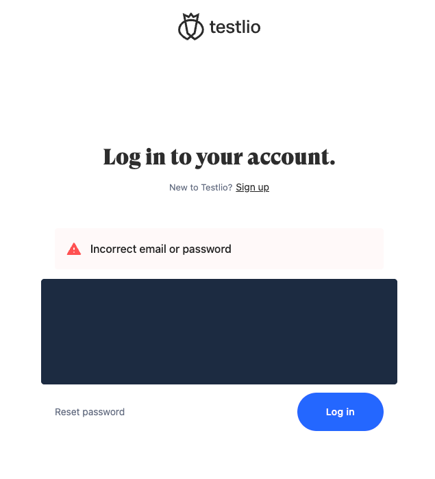 A dialog to log in to Testlio. A black box is covering all fields so nothing can be seen there.