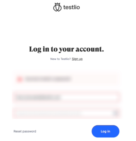 A dialog to log in to Testlio. All fields are blurred.