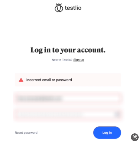 A dialog to log in to Testlio. The email and password fields only are blurred.