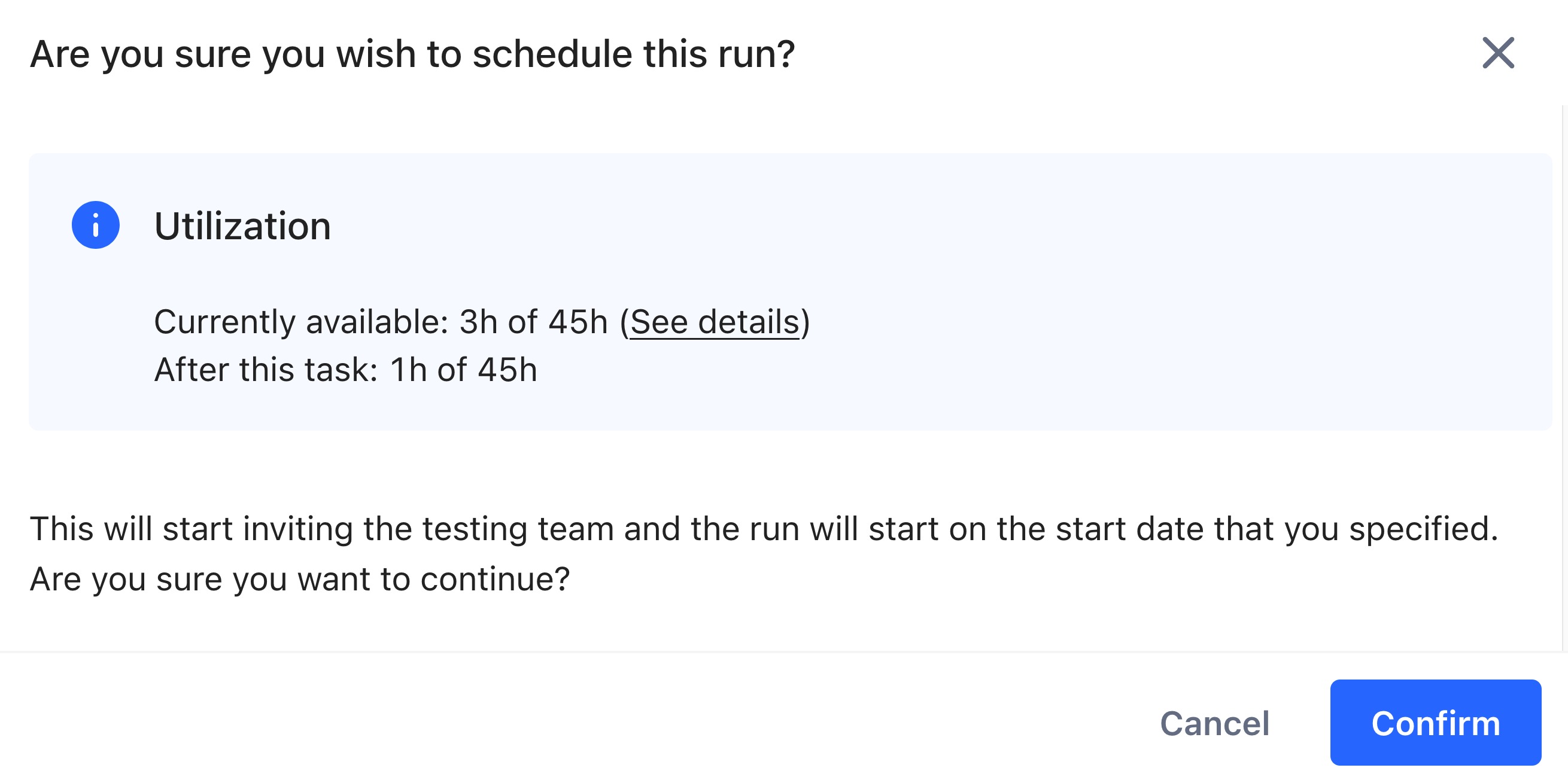 A warning about utilization that only 1h of 45h would be left after the task with a link to the utilization report.