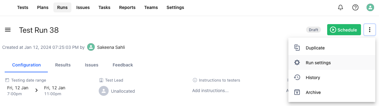 A screenshot showing the location of run settings within a run.