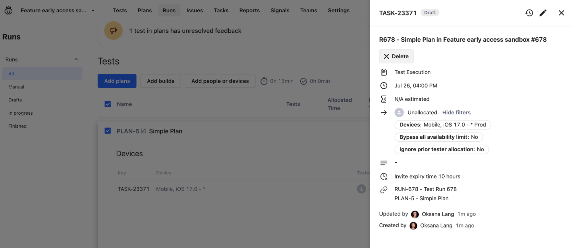 The task configuration dialog within a plan.