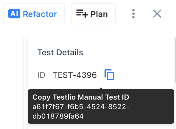 Test Details for a test with the ID TEST-4396 and a button to copy the Testlio manual test ID, with a long string of letters and numbers.