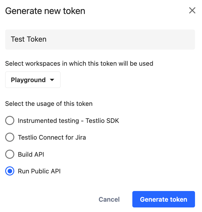 The form to generate a token with a workspace selected and Run Public API selected.