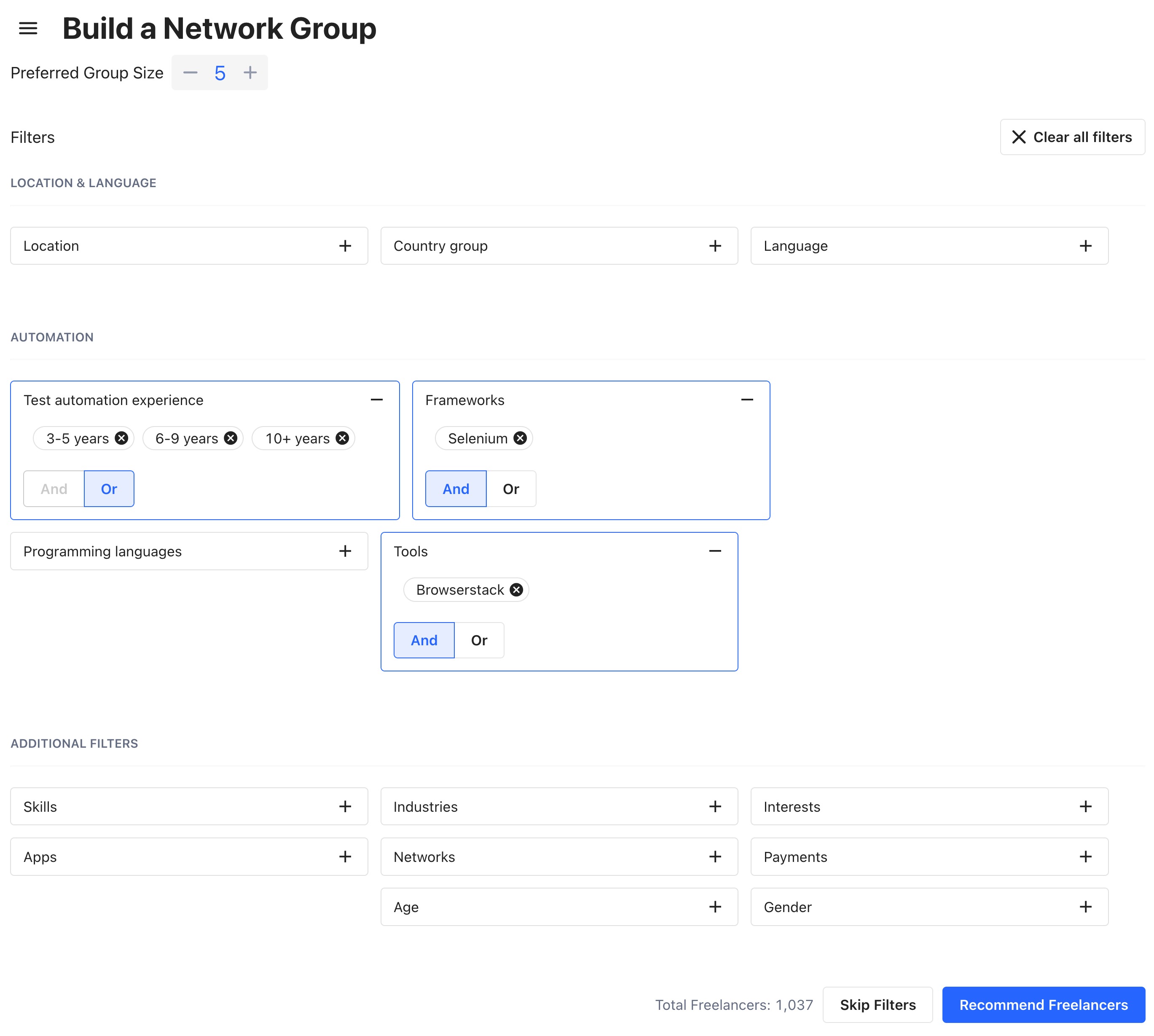 The options to Build a Network Group with these filters: test automation experience 3-5 years, 6-9 years, or 10+ years; frameworks Selenium; tools: Browserstack.