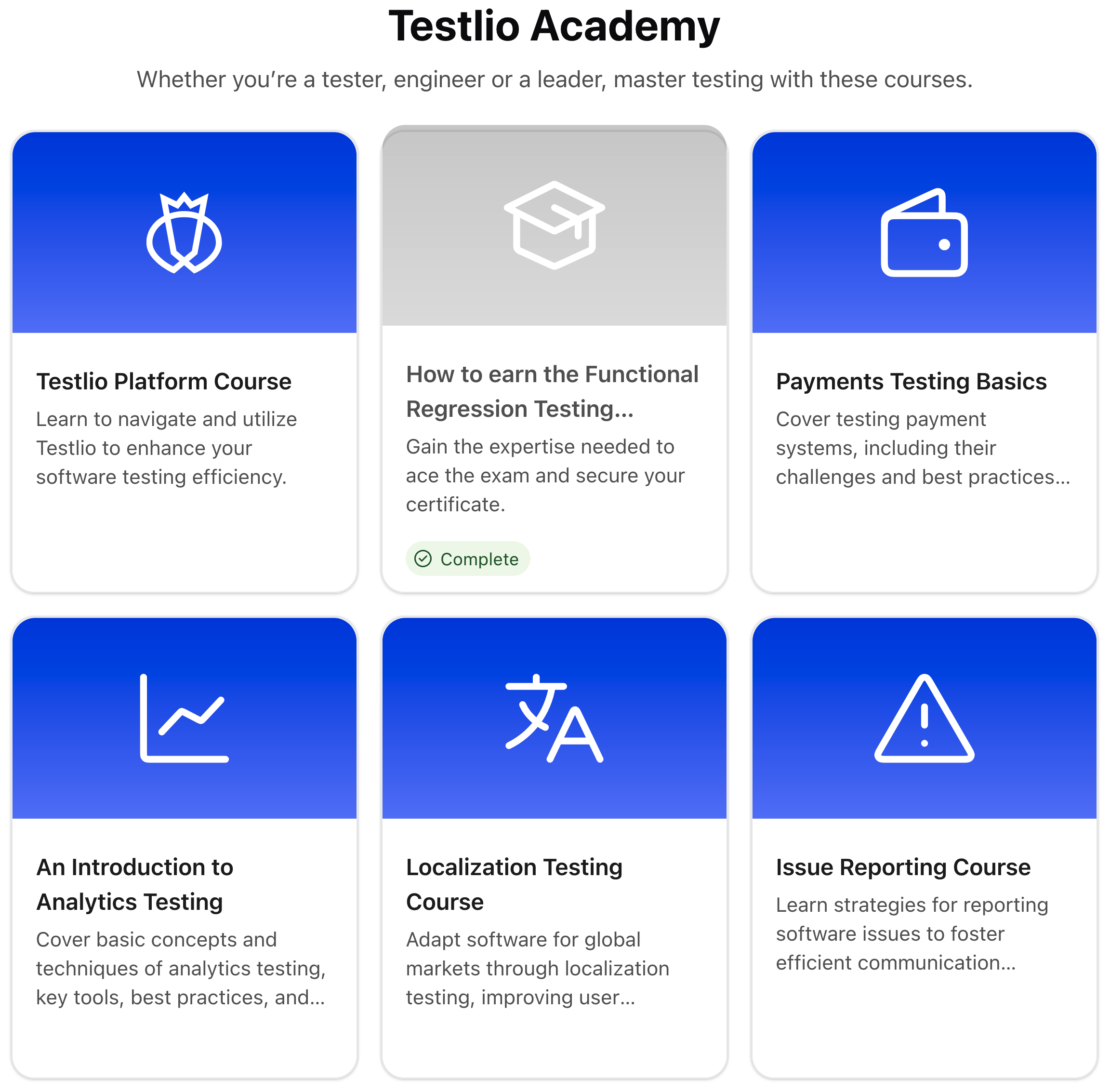 The Testlio Academy with a selection of example courses, including one marked as complete.