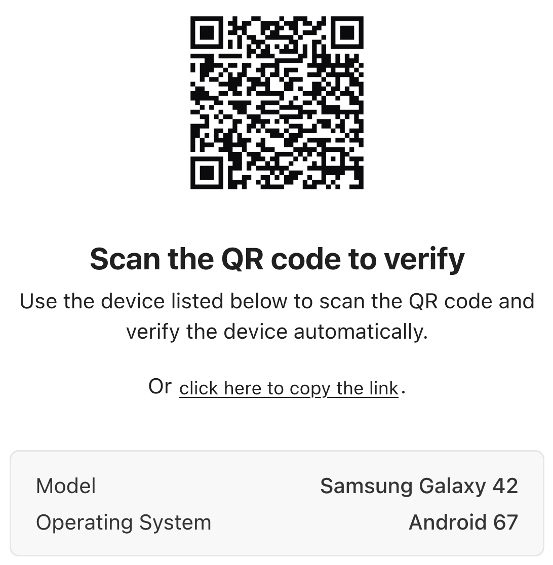 A QR code with instructions to scan it, a link to copy if it doesn't work, and device info