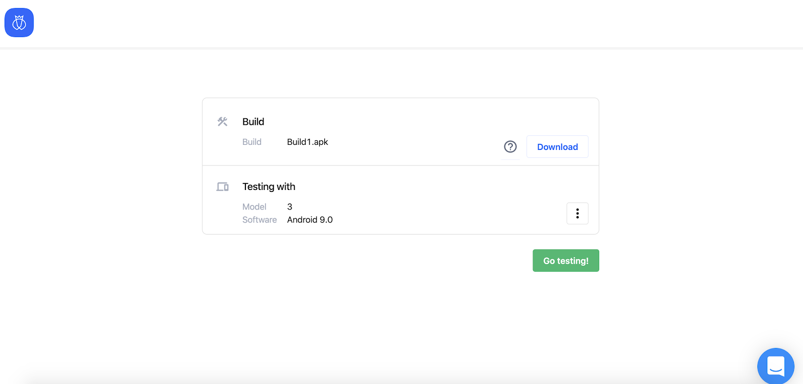 A "Build1.apk" available for download, testing on Android 9.0, and a button to "Go testing!"