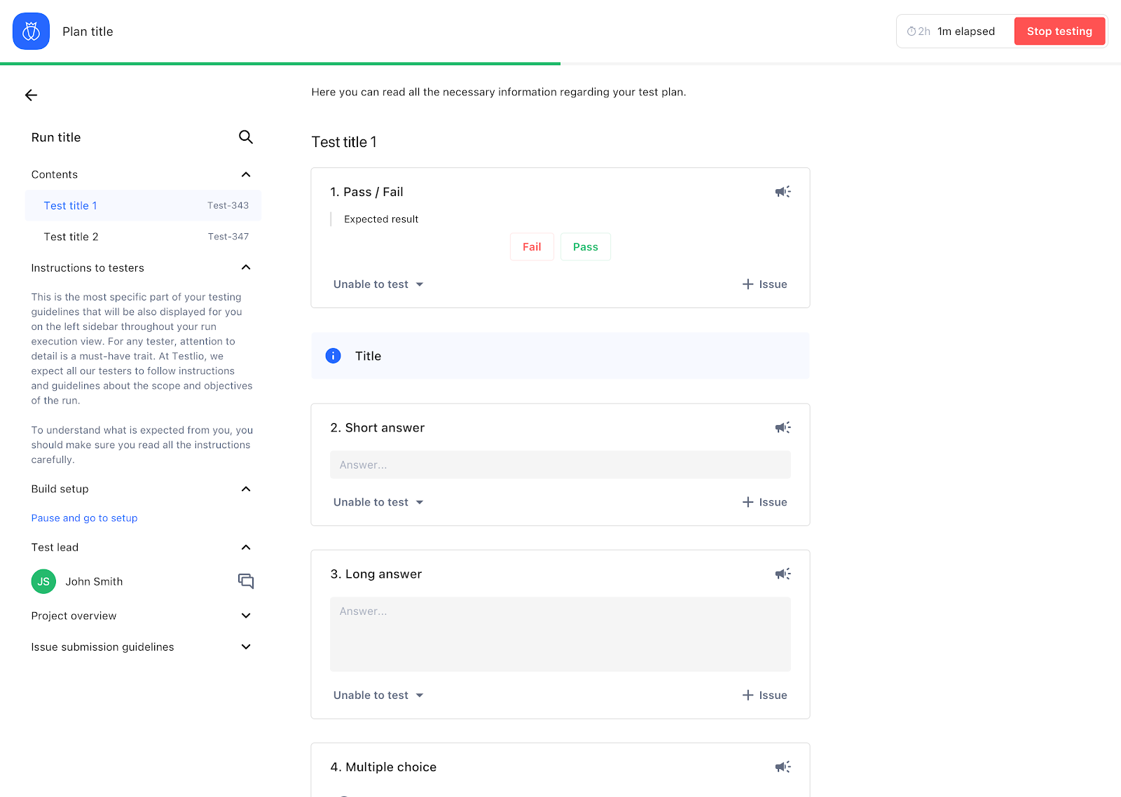 A view of tests to complete with instructions to testing and other details in a sidebar.