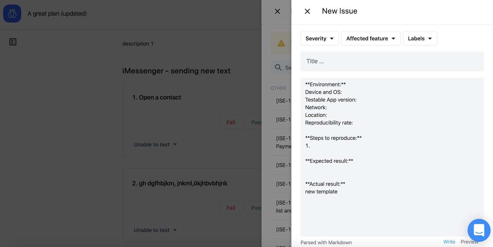 A dialog to create a new issue with a template to follow.