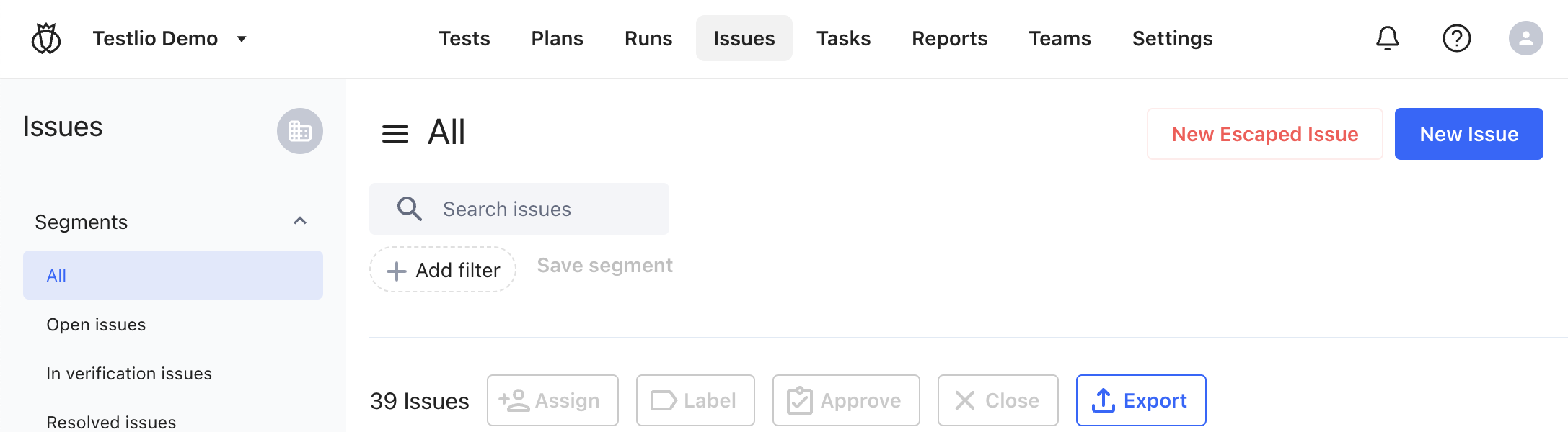 The New Escaped Issue button in the Testlio platform.