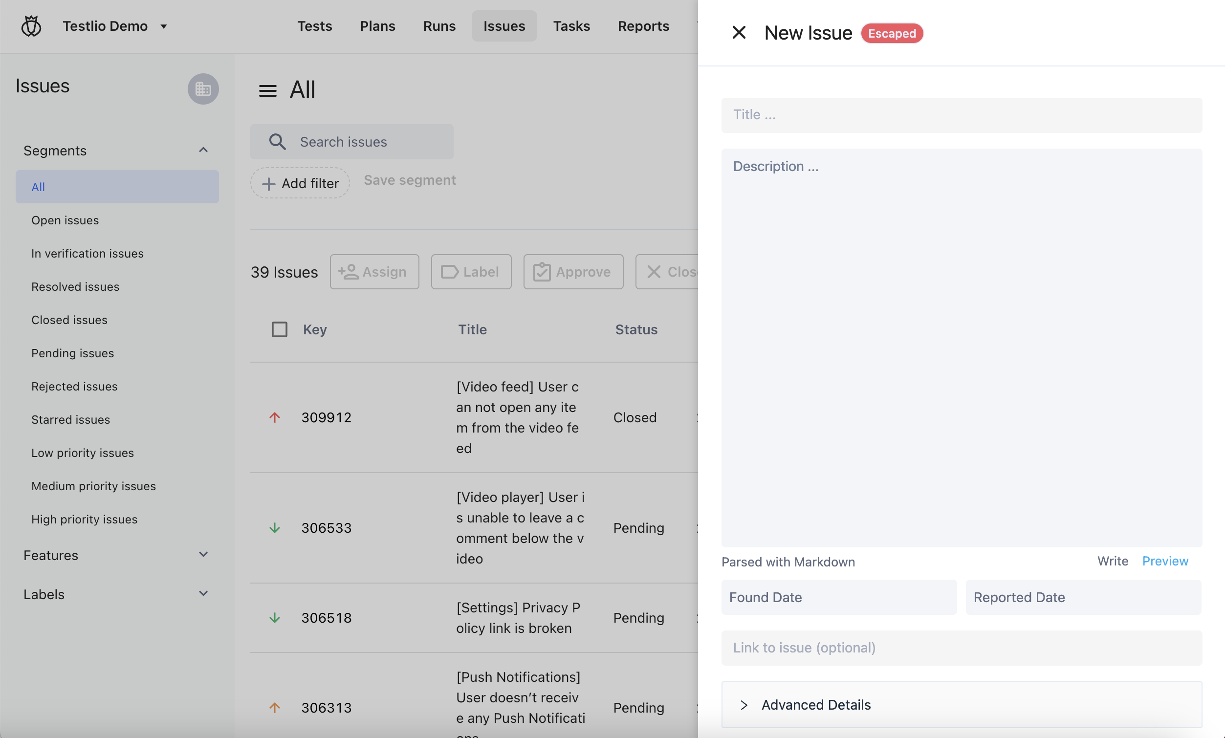 The New Escaped Issue form includes the title, description, found date, reported date, and other fields.