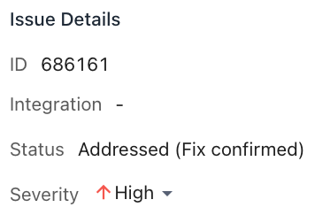Issue details for an issue with a status of Addressed (Fix confirmed) and a High severity.