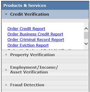 Title: Order Credit Report menu link - Description: Screenshot showing the Order Credit Report link under Products and Services, Credit Verification.