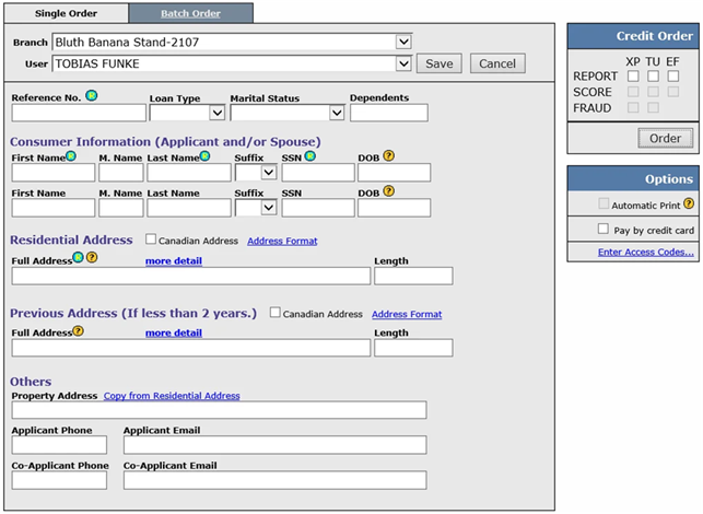 Title: Order Credit Report page - Description: Screenshot showing the Order Credit Report form with consumer fields, credit order selections, and the Order button.